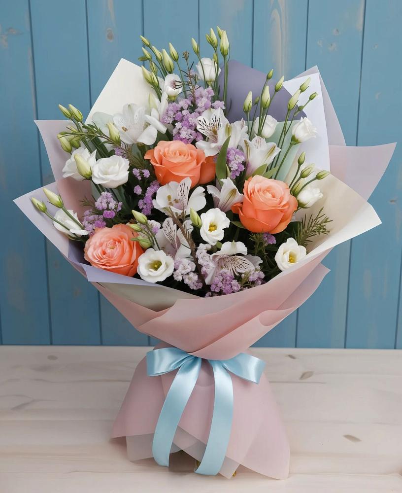 Букет цветов из: Лизиантусы, Розы, Альстромерии и Гипсофила в Медвенке