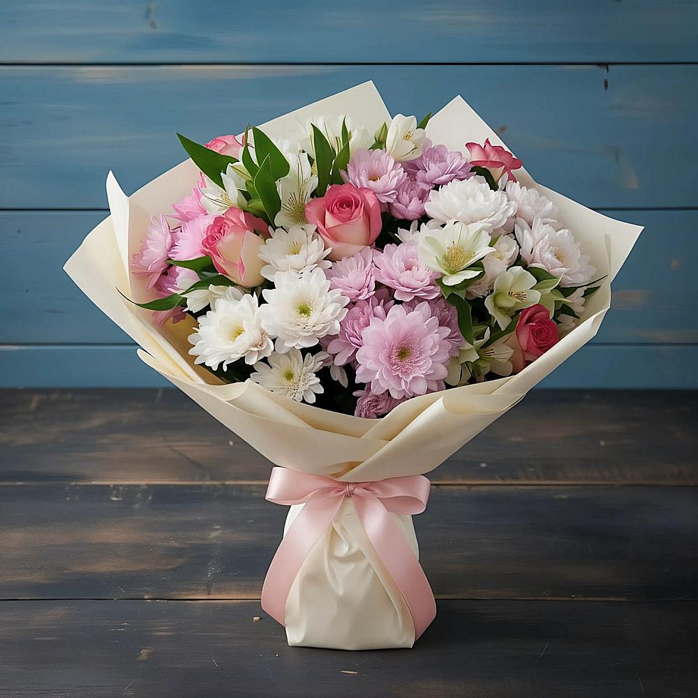 Букет цветов из: Хризантемы, Альстромерии и Розы в Медвенке